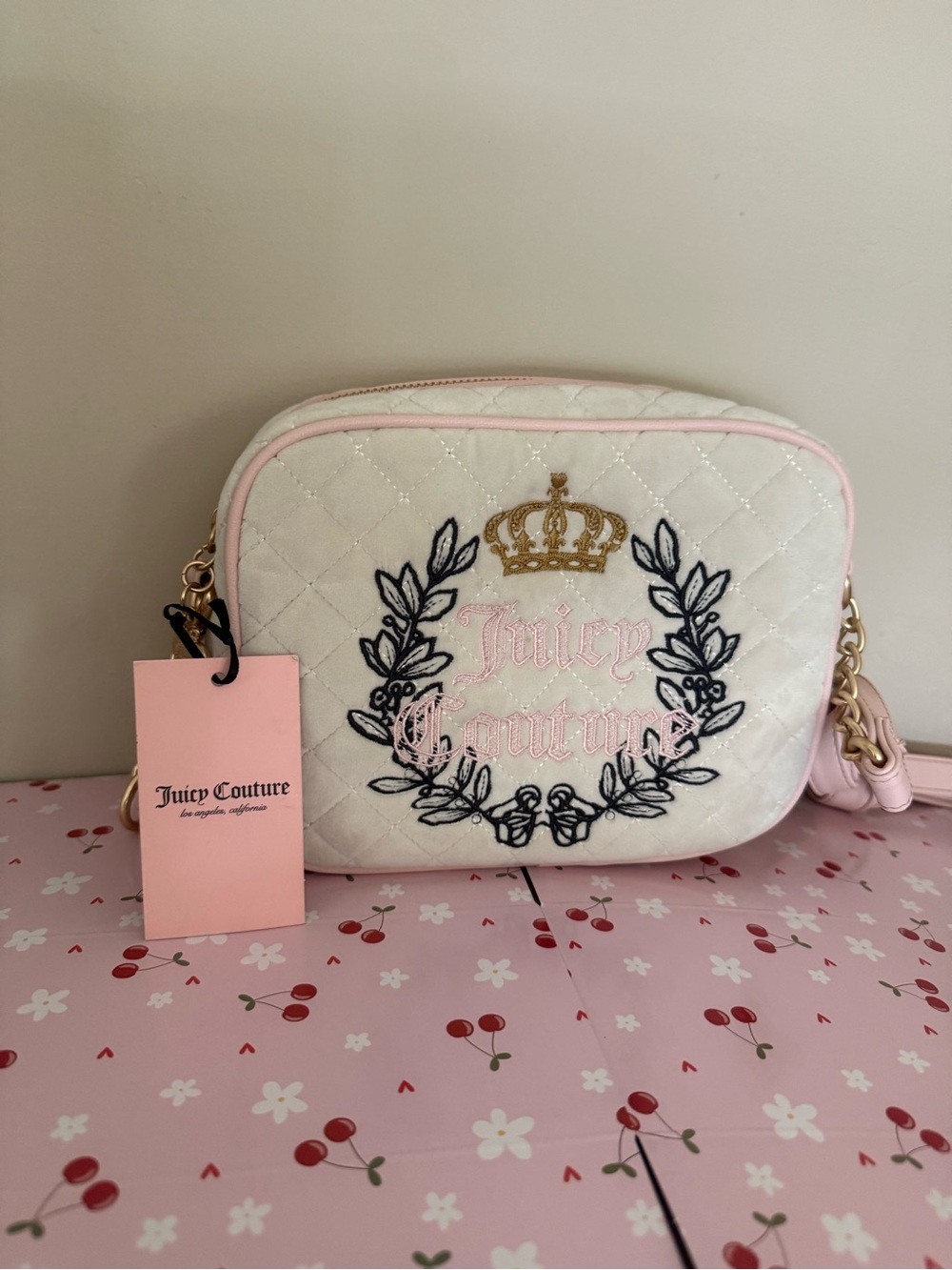 Juicy Couture White Quilted Crossbody with Pink Trim & Gold Crown